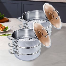 SOGA 2X 3 Tier 32cm Heavy Duty Stainless Steel Food Steamer Vegetable Pot Stackable Pan Insert with Glass Lid